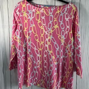 J McLaughlin Durham Ruffle Top Catalina Cloth 3/4 Sleeve Brown Cream Size XL